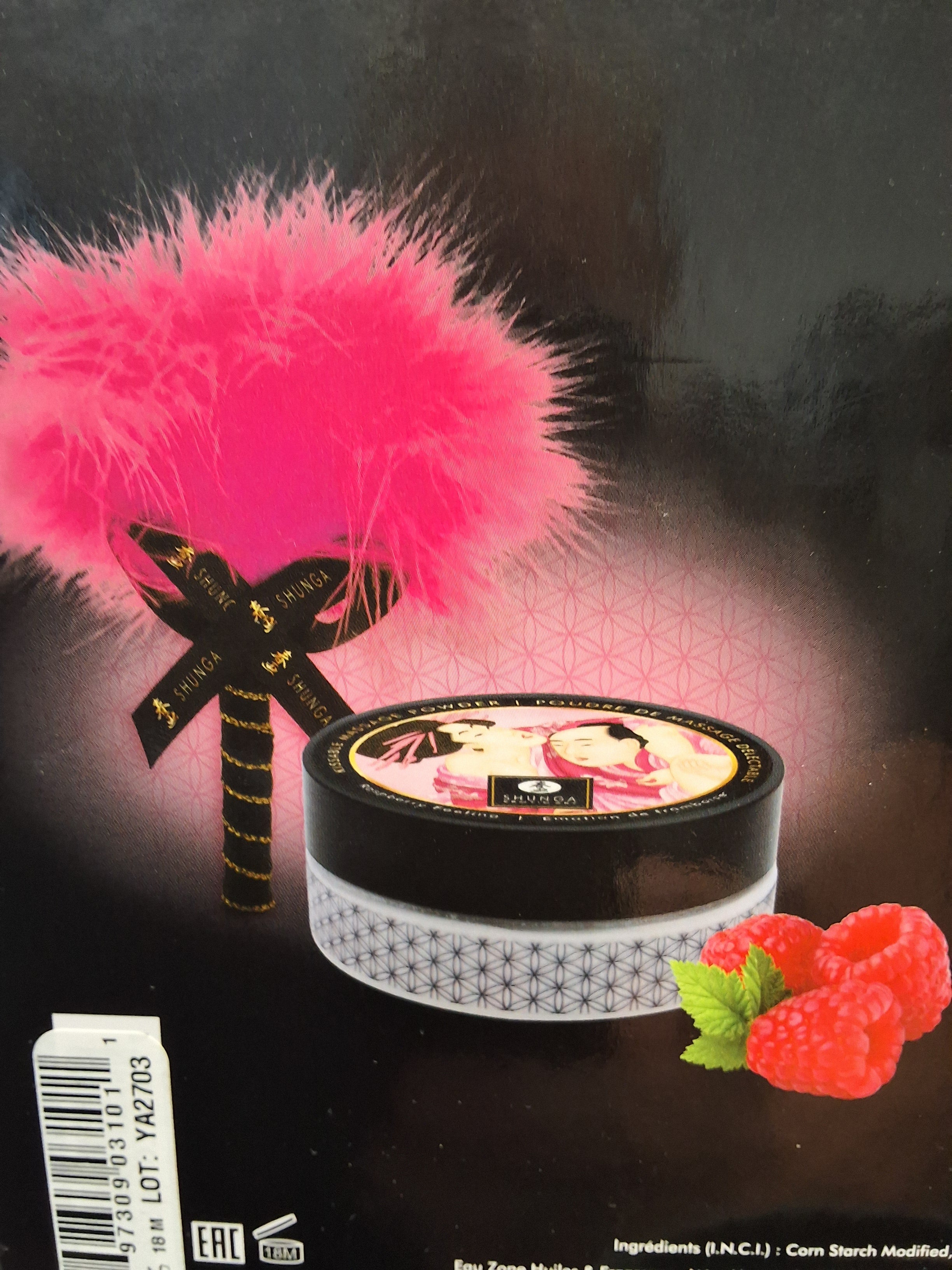 Shunga Kissable Body Powder Raspberry with pink feather tickler and raspberries